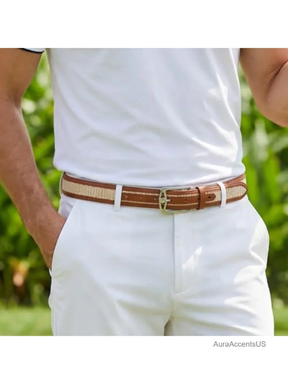 Leather & Woven Fabric Golf Belt with Silver Pin Buckle
